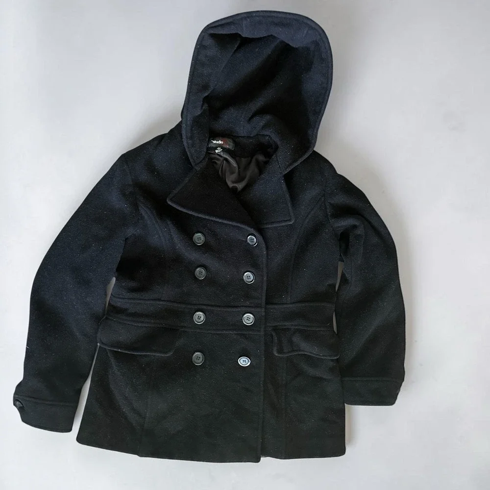 Studio Y Women's Pea Coat with Hood and Pockets, Size M